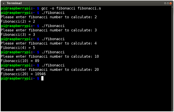 calculate fibonacci in ARM assembly language for Raspberry PI 1